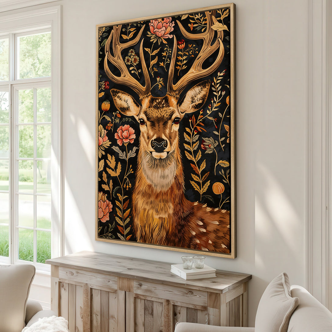 Framed Wall Art of a majestic deer with floral accents. Warm, earthy tones on a dark background. Perfect for rustic home decor.