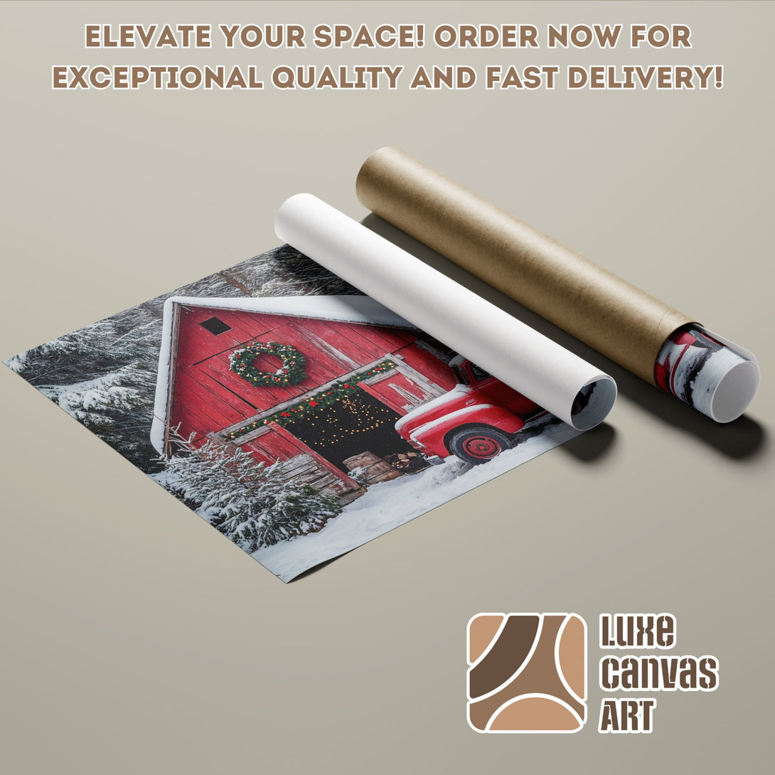 Poster Roll of a winter scene with a red barn and truck. Rustic style, red, white, and green color palette.