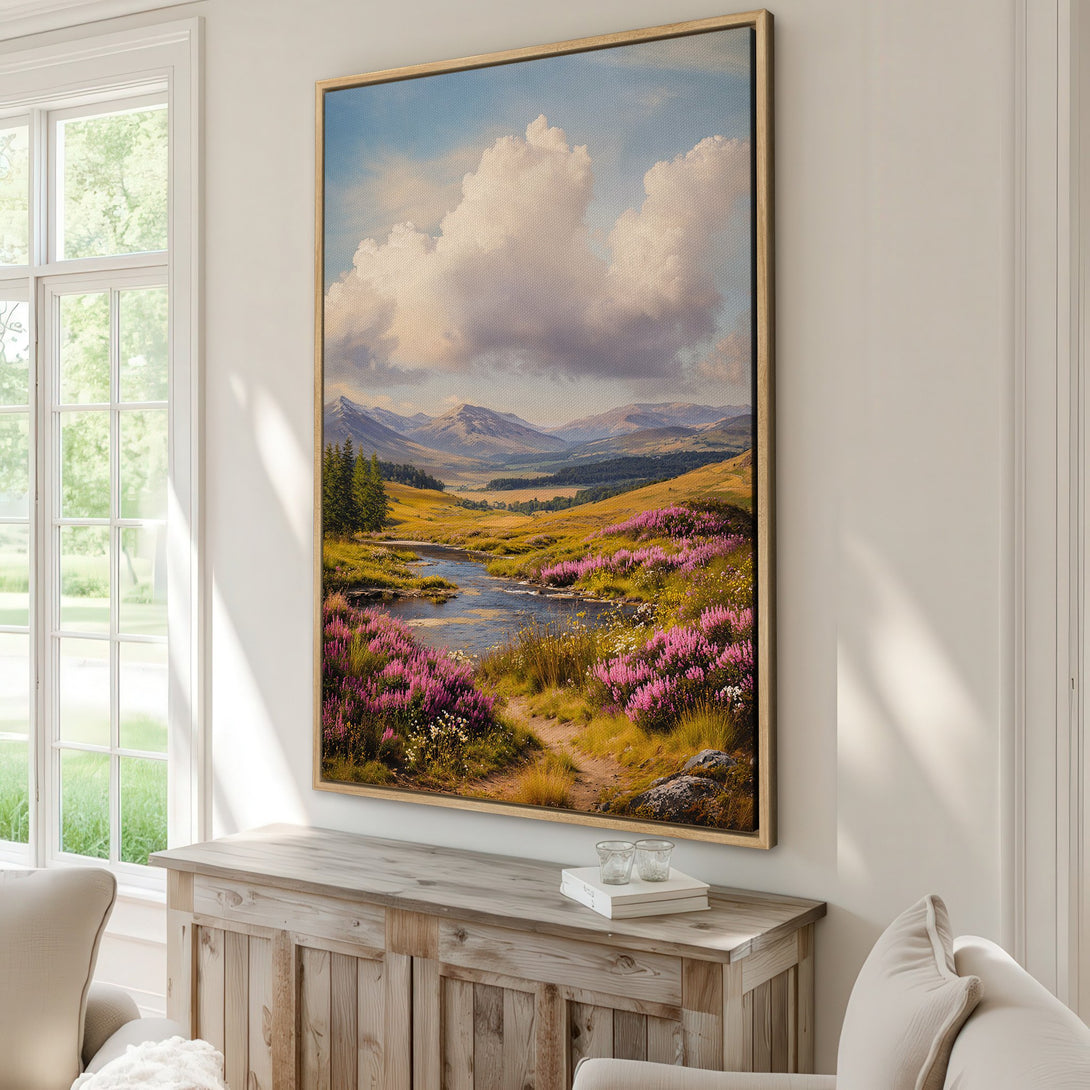 Framed Wall Art: Landscape Canvas Print with a serene mountain scene in pastel colors. Adds a touch of nature and tranquility to any space.
