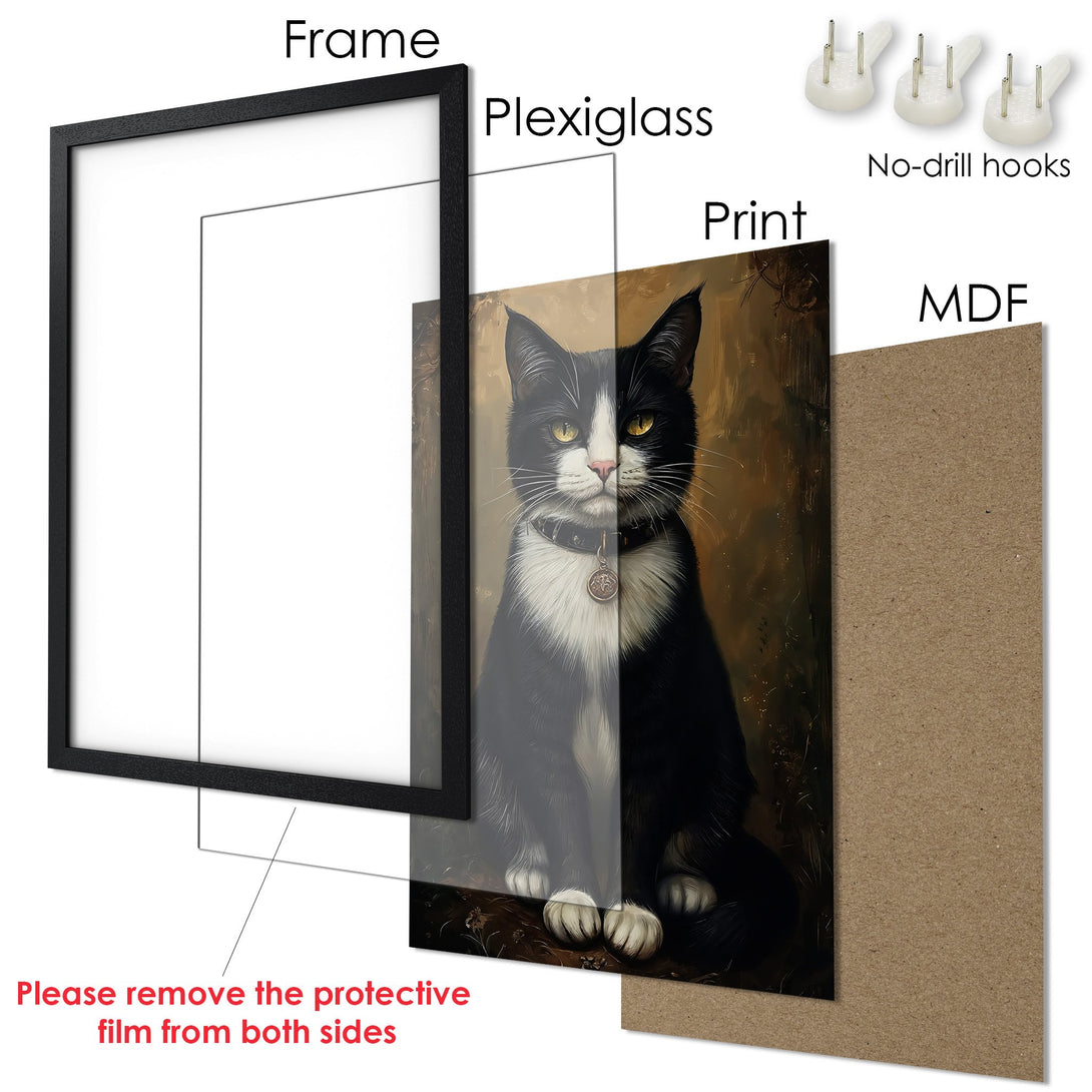 Framed Poster featuring a black and white cat in a vintage style, warm color palette. Perfect for cat lovers!