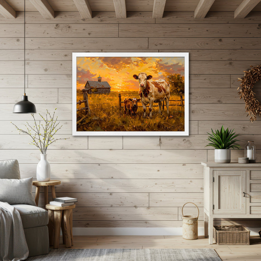 Framed Poster featuring a rustic cow painting in warm sunset hues. Perfect farmhouse decor!