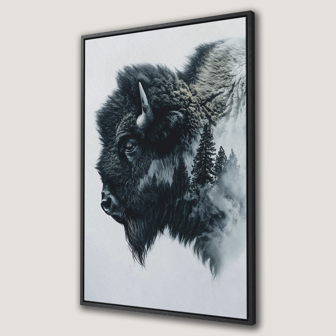 Framed Wall Art featuring a majestic bison in a black and white artistic style. Perfect for rustic or modern home decor.