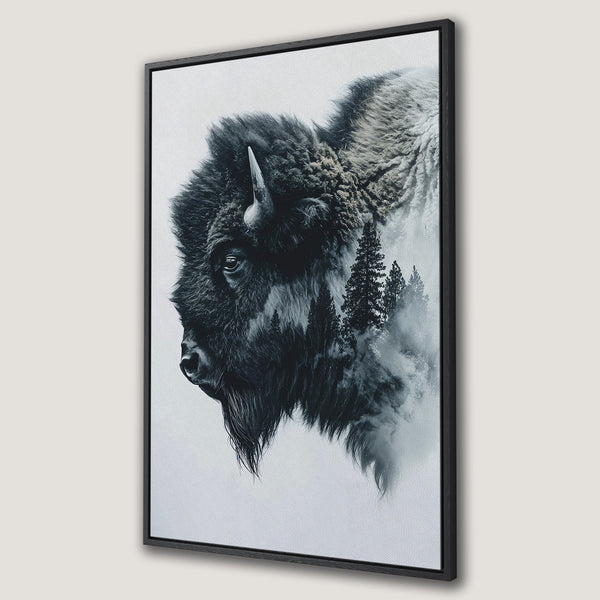 Framed Wall Art featuring a majestic bison in a black and white artistic style. Perfect for rustic or modern home decor.