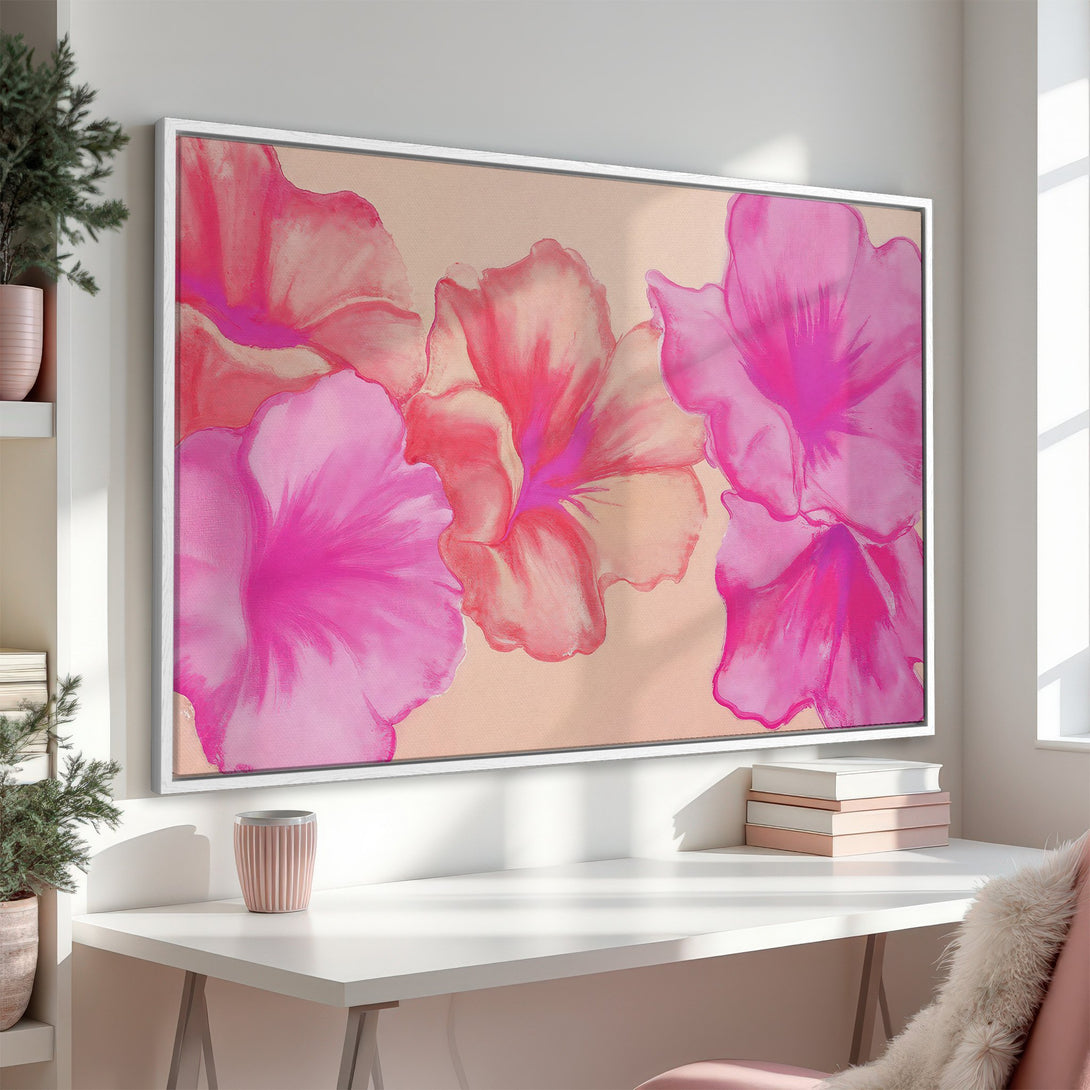 Framed Wall Art featuring vibrant pink floral abstract art. Modern Canvas Print with a warm, inviting color palette, perfect for any interior.