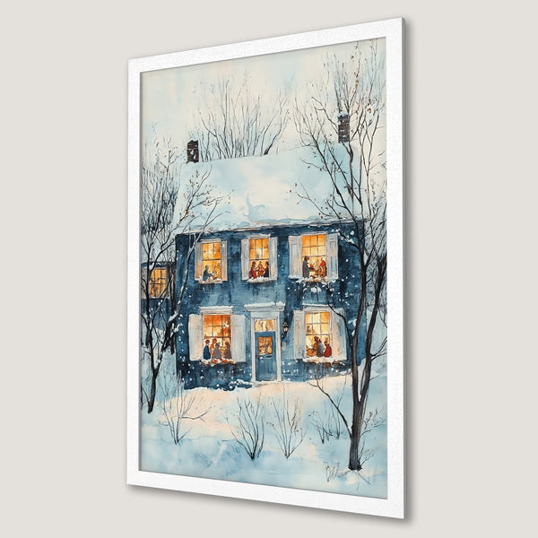 Framed Poster of a cozy winter scene with a blue house, watercolor style, cool blue and warm yellow palette. Perfect holiday decor!