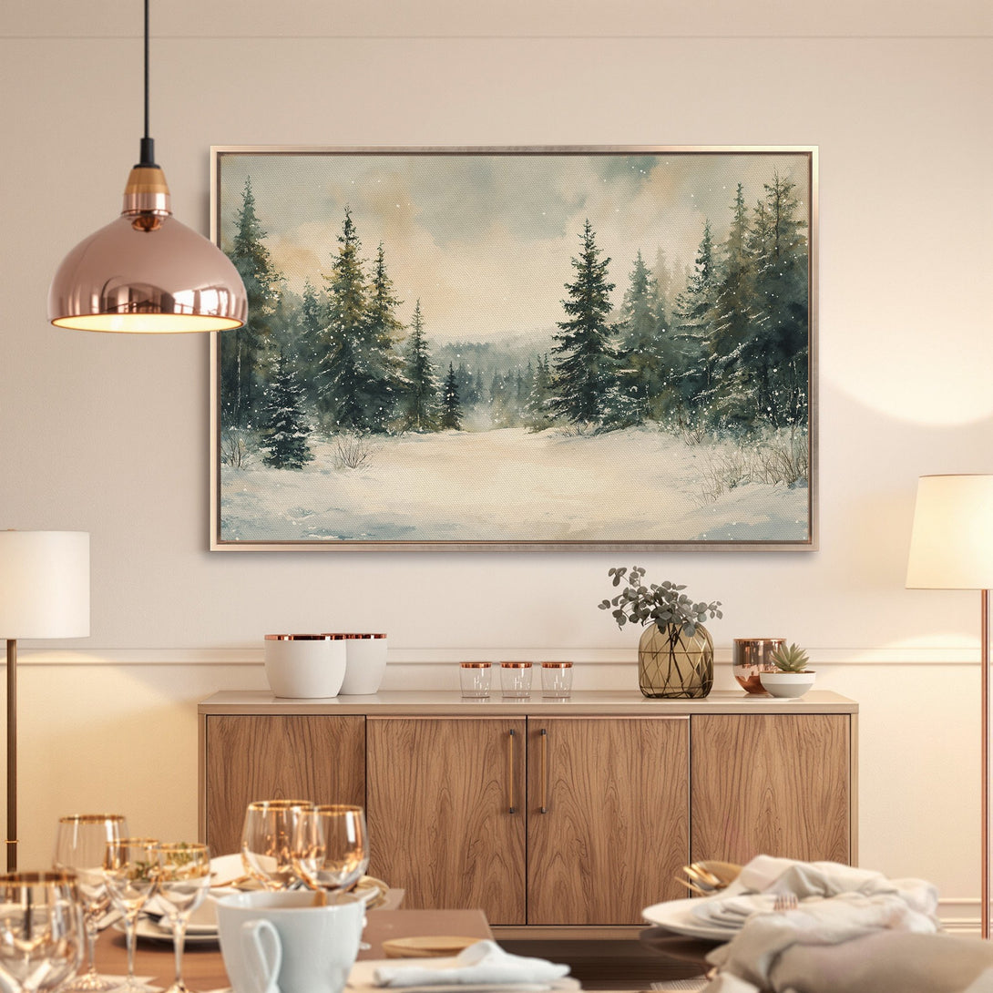 Framed Wall Art: Watercolor winter forest scene in cool blues and greens. Perfect for adding a touch of nature to your home decor.