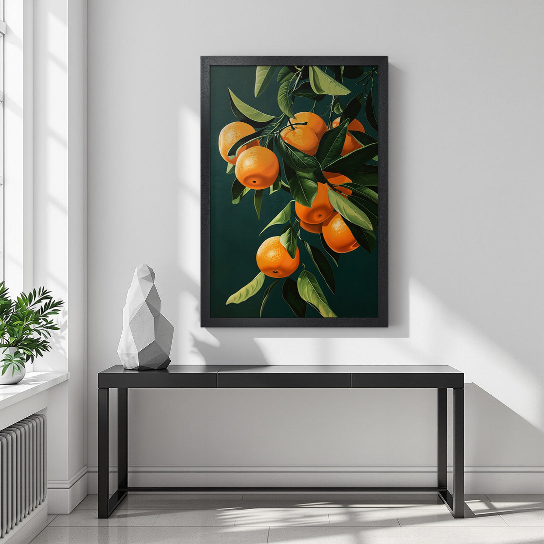 Framed Poster featuring vibrant orange fruit on a dark green background, perfect for adding a pop of color to your space.