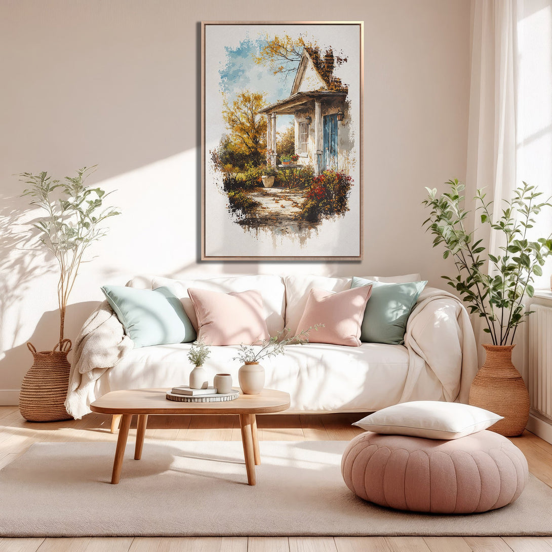 Framed Wall Art: Watercolor painting of a charming cottage in a warm, inviting interior. Soft pastel color palette adds a touch of serenity to any space.