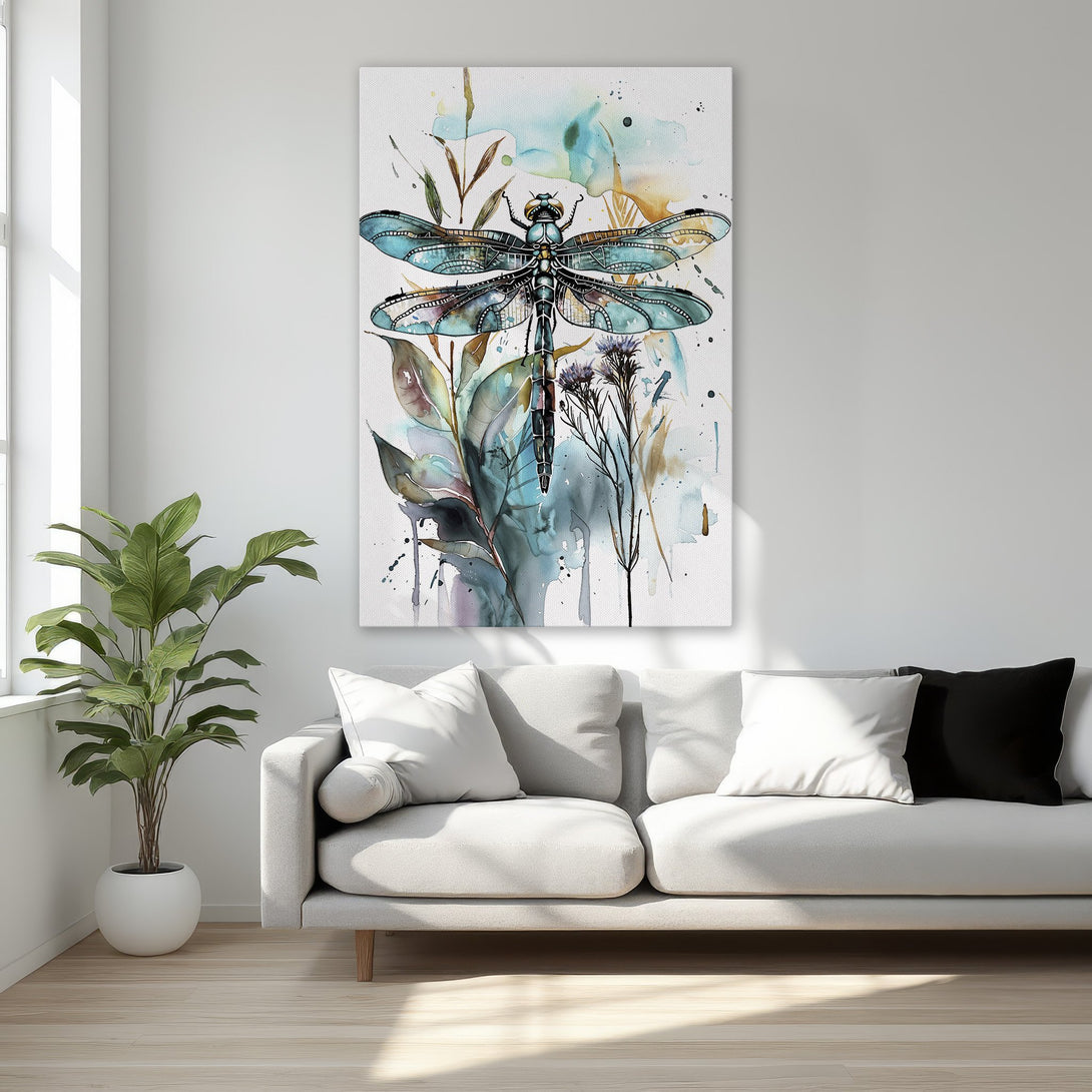 Framed Wall Art featuring a watercolor dragonfly in blue and gold hues. Perfect for adding a touch of nature-inspired elegance to your space.