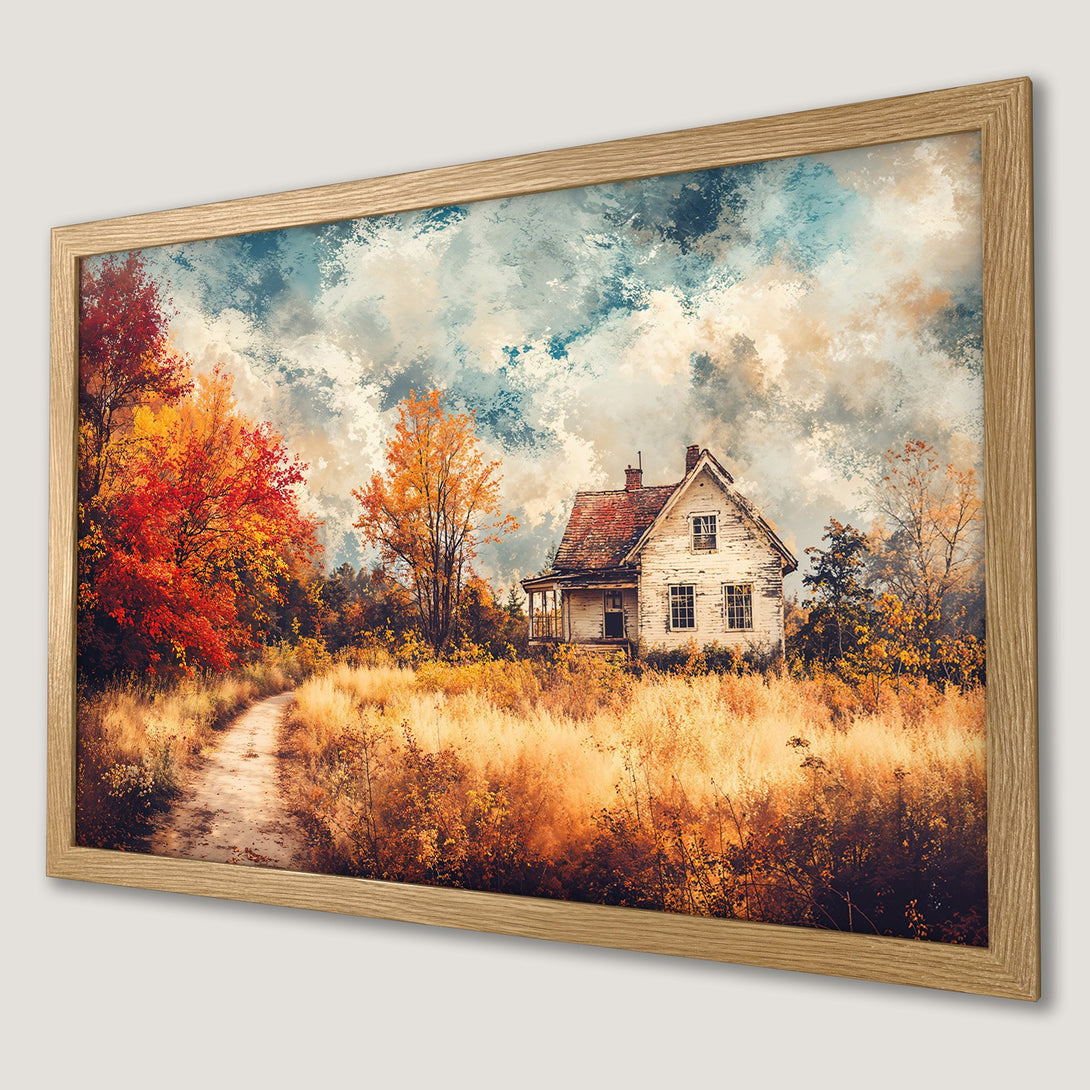Framed Poster of a rustic house in autumn landscape, impressionistic style with warm orange and blue tones. Perfect wall art!