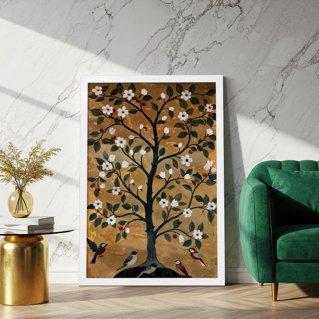 Framed Poster featuring a stylized tree with birds, in an earthy color palette with pops of red and green. Perfect wall art!