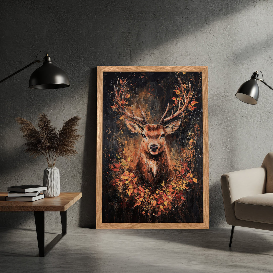 Framed Poster featuring a majestic deer in autumnal colors. Stunning art print with warm orange and black tones. Perfect wall decor.