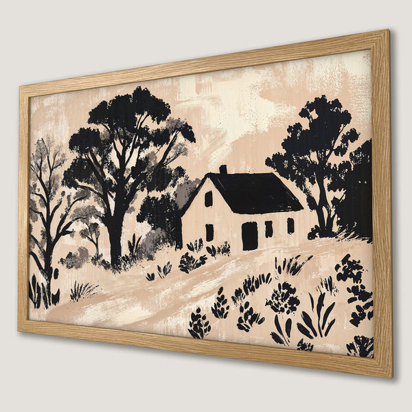 Framed Poster featuring a serene landscape with a house, trees, and a neutral color palette. Perfect wall art!