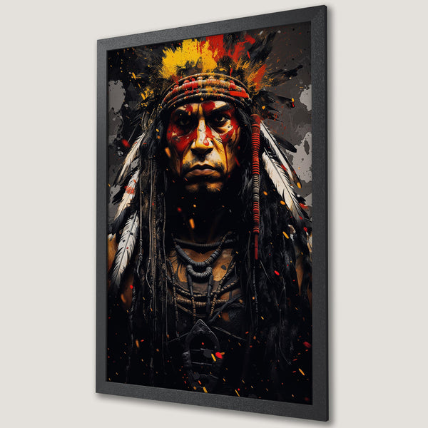 Framed Poster of Native American Chief, abstract art style, red, yellow, and black color palette. Add a touch of history to your decor!
