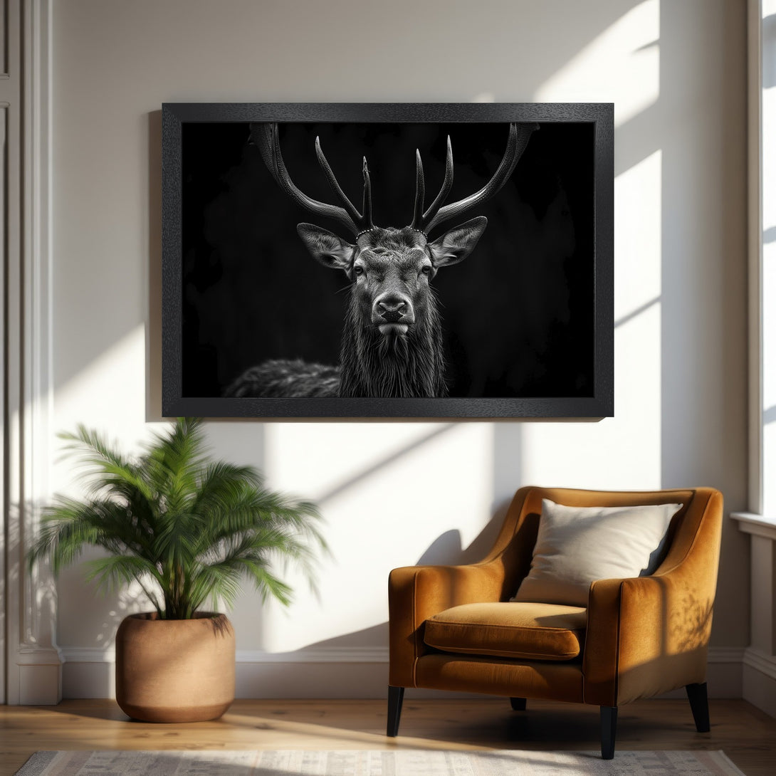 Framed Poster featuring a majestic stag in black and white, perfect for modern home decor. Enhance your space with this stunning art.