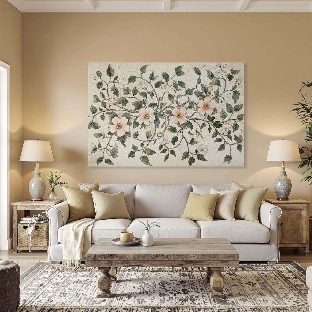 Framed Wall Art featuring a floral design in a vintage style. Soft pink and green hues complement the warm interior. Perfect for adding elegance to your space.