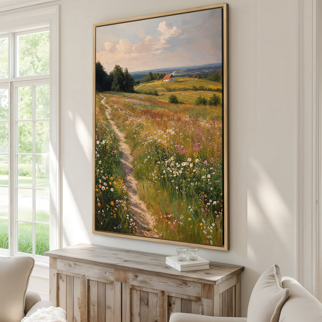 Framed Wall Art: Landscape painting of a field path with wildflowers, warm color palette. Add a touch of nature to your home with this beautiful canvas print.