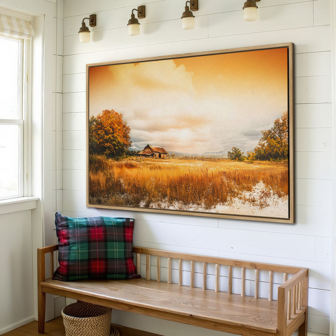 Framed Wall Art: Rustic landscape Canvas Print with warm, golden hues. Perfect for adding a cozy, farmhouse style to your home decor.
