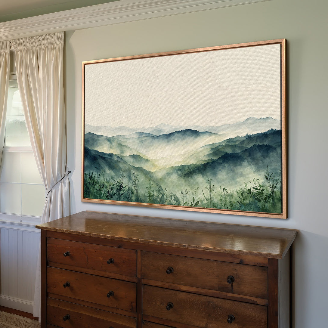 Framed Wall Art: Watercolor mountain landscape in serene blues and greens. Enhance your space with this calming Canvas Print.