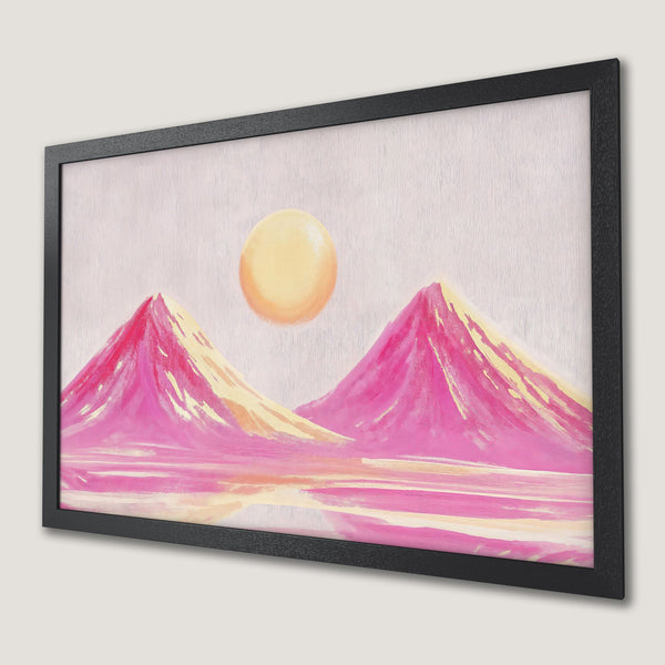 Framed Poster featuring a pink mountain landscape with a warm color palette, perfect wall art for your home.