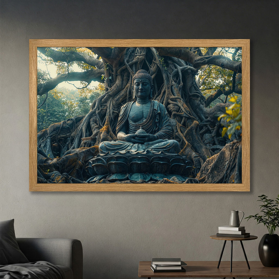 Framed Poster featuring a serene Buddha statue under a tree. Earthy tones and a calming aesthetic for your home decor.