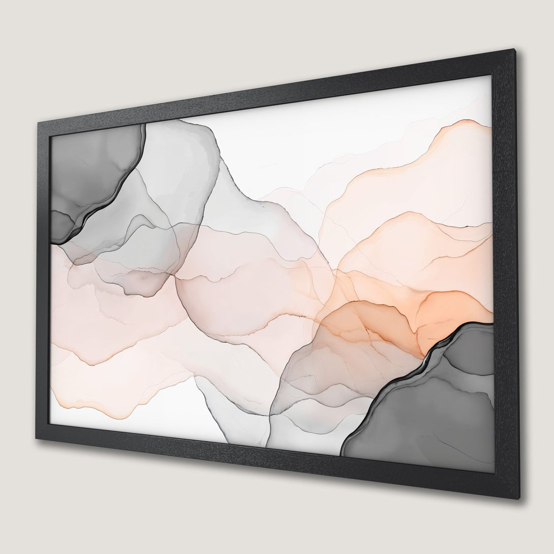 Framed Poster featuring abstract fluid art in a neutral color palette of gray, peach, and white. Perfect for modern decor.