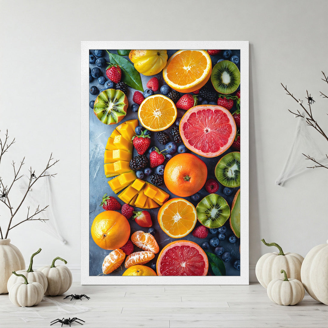 Framed Poster featuring a vibrant fruit arrangement. Modern style, colorful palette of oranges, reds, greens, and blues. Perfect kitchen decor!