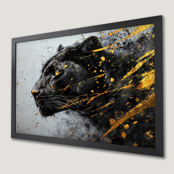Framed Poster: Black panther art with gold accents. Modern style, striking black, gold & grey color palette. Perfect wall decor.
