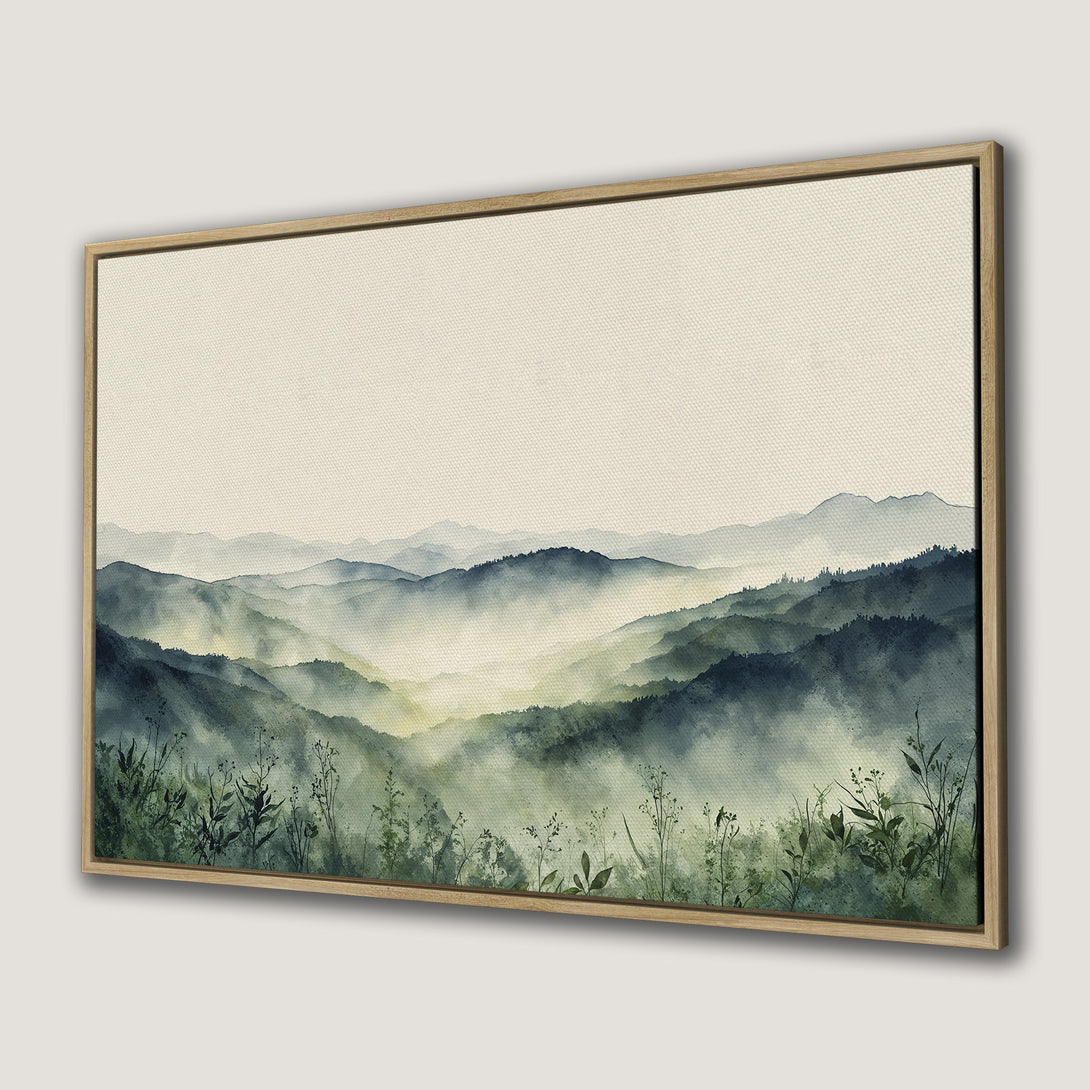 Framed Wall Art: Watercolor mountain landscape in muted blues and greens. Tranquil artwork for your home.