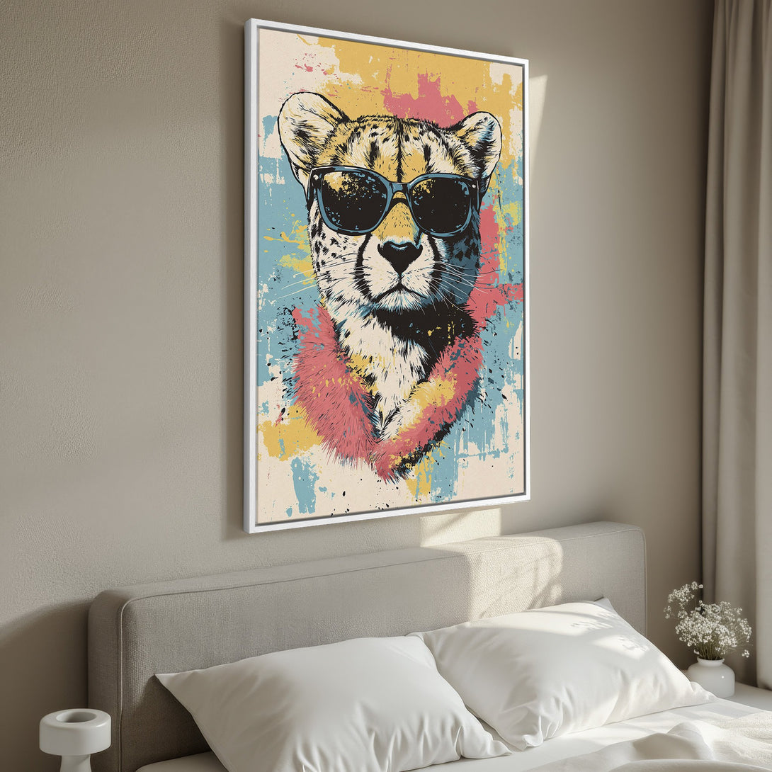 Framed Wall Art: Cool cheetah wearing sunglasses. Modern, colorful abstract art with a blue, yellow, and pink palette. Perfect for bedroom decor.