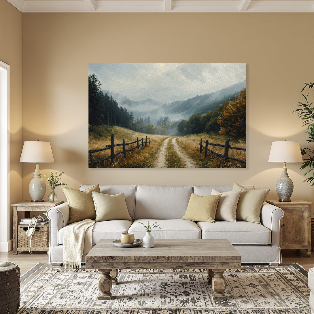 Framed Wall Art: Scenic landscape Canvas Print with a road through a forest. Earthy tones of green, brown, and gold. Perfect for home decor.