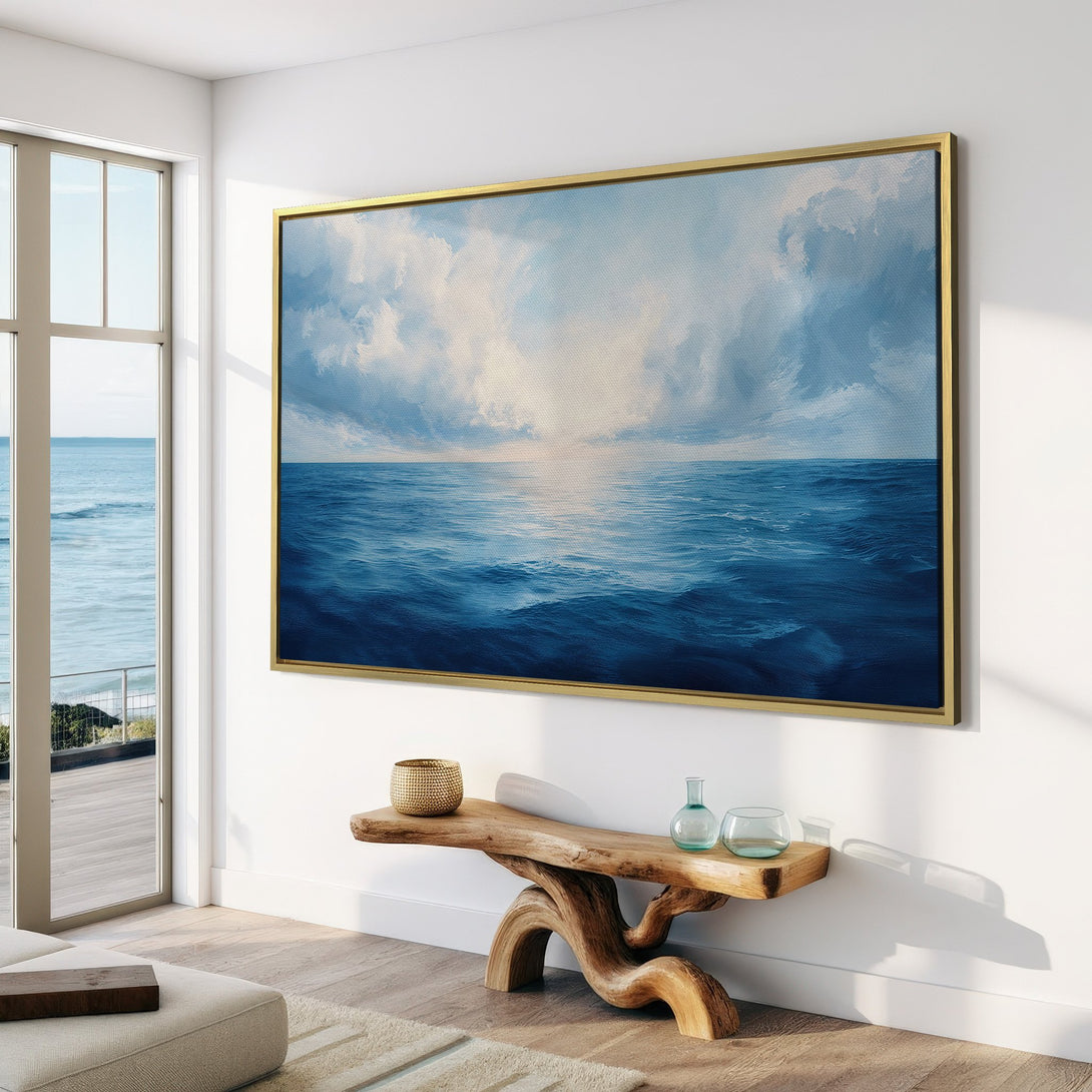 Canvas Print of a serene ocean scene in blue and white. Coastal wall art for a calming interior.