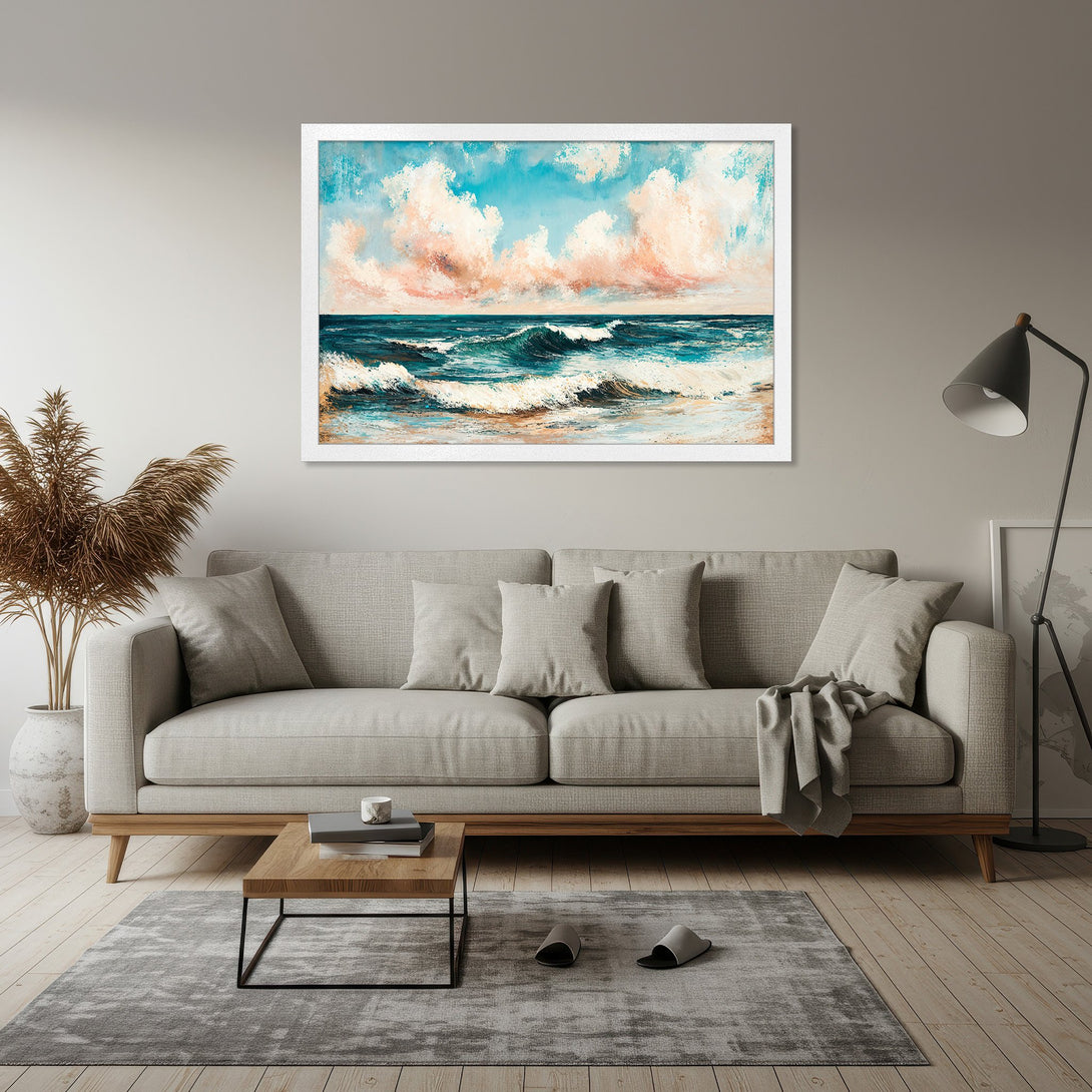 Framed Poster featuring an ocean wave painting in a vibrant blue, teal, and peach color palette. Perfect wall art for coastal decor.
