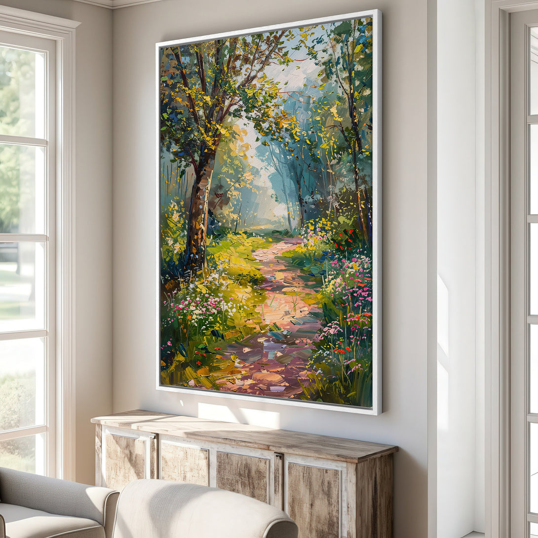 Framed Wall Art: Impressionist forest path canvas print. Lush green, yellow, and pink palette. Bring nature's beauty indoors with this stunning artwork.