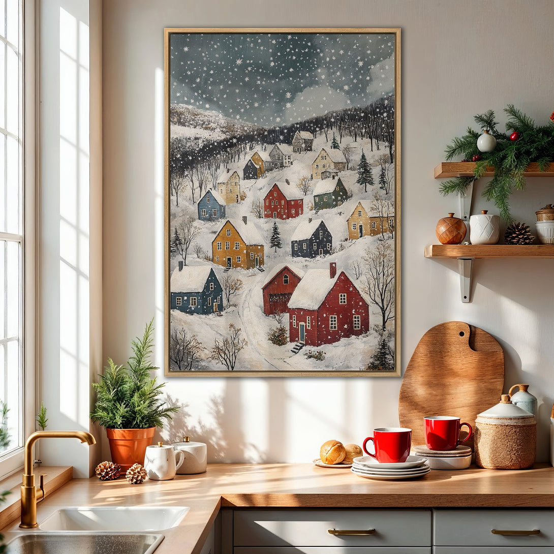 Framed Wall Art: Winter village scene in a cozy kitchen. Rustic painting with snow-covered houses, a muted color palette, and a warm, inviting style.