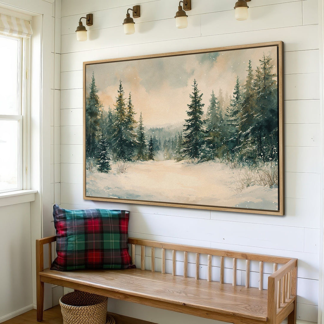 Framed Wall Art: Watercolor winter forest scene in muted greens, blues, and beige. Perfect for adding a touch of nature and tranquility to your home.