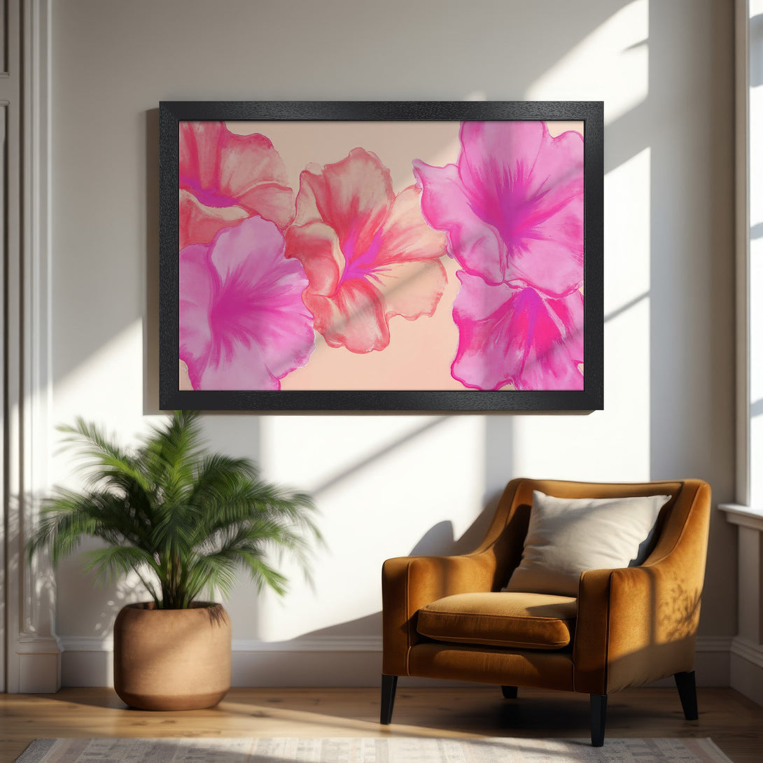 Framed Poster featuring abstract pink floral art. Modern style with a vibrant pink and peach color palette, perfect for home decor.