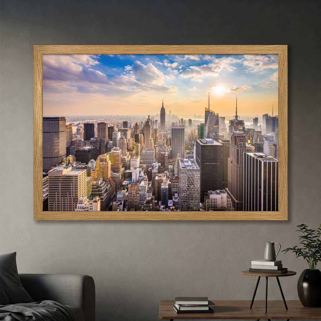 Framed Poster of New York City skyline at sunset. Modern style, warm color palette. Perfect wall art for any home.