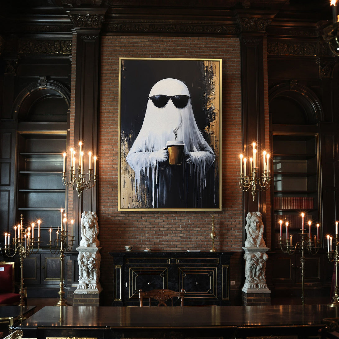 Canvas Print of a cool ghost with coffee, modern art style, black & white with gold accents, perfect Halloween decor.