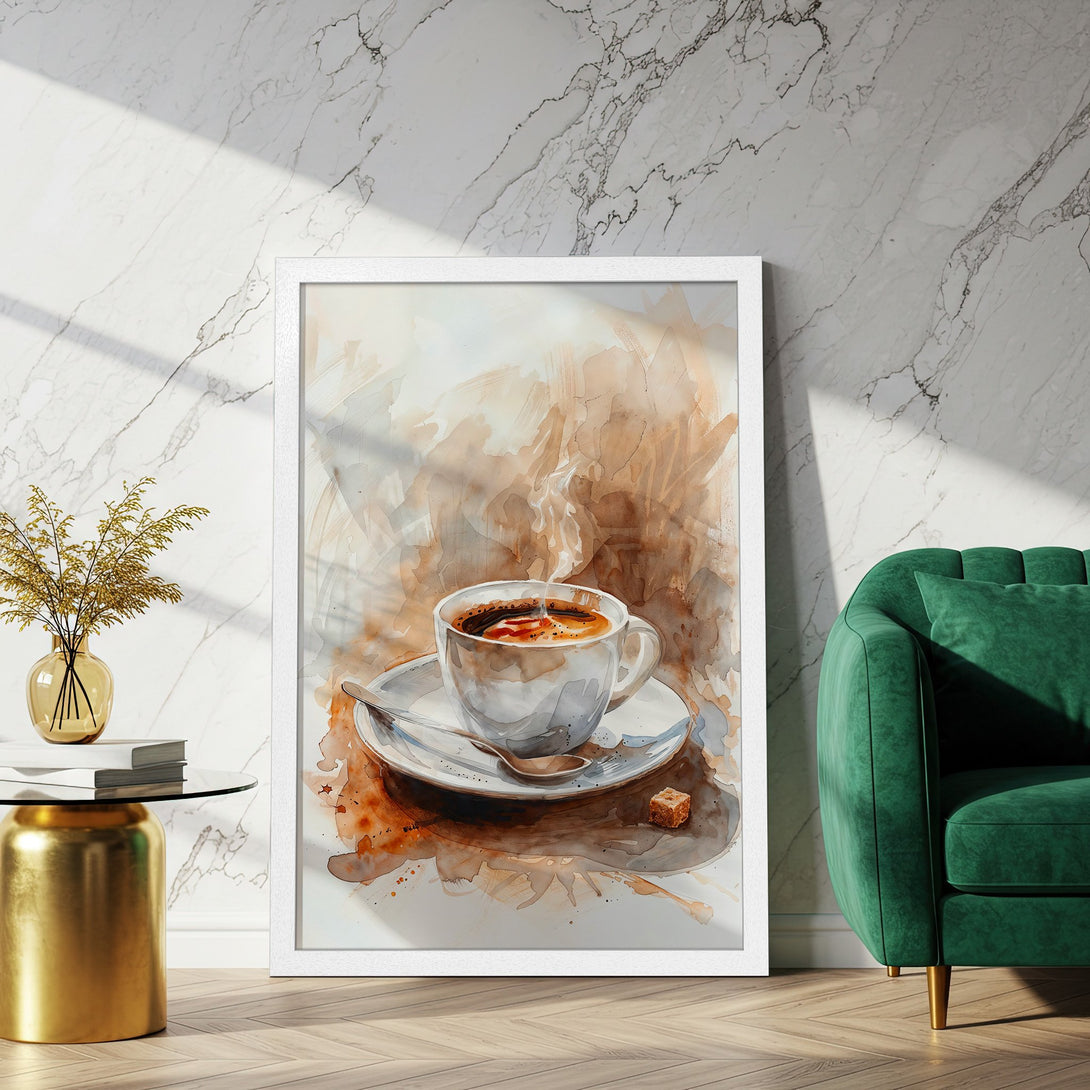 Framed Poster of watercolor coffee cup. Warm brown and beige tones, artistic style. Perfect for kitchen decor.