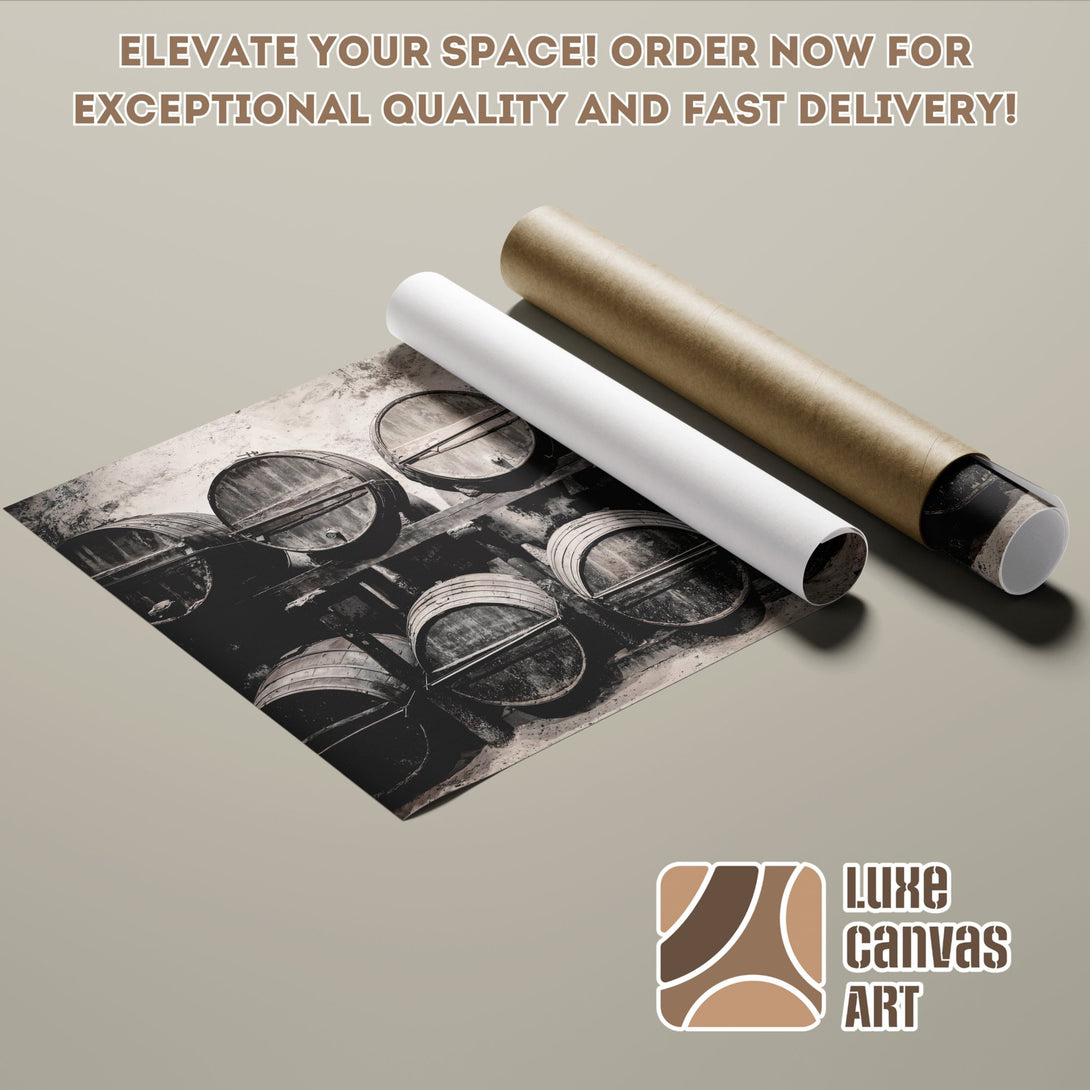 Poster Roll featuring a black and white image of wine barrels, perfect for rustic decor.