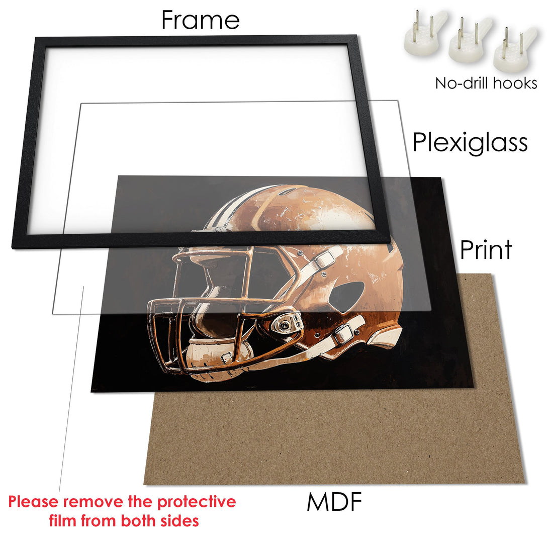 Framed Poster of a football helmet in a stylish, warm color palette. Perfect wall art for sports fans!