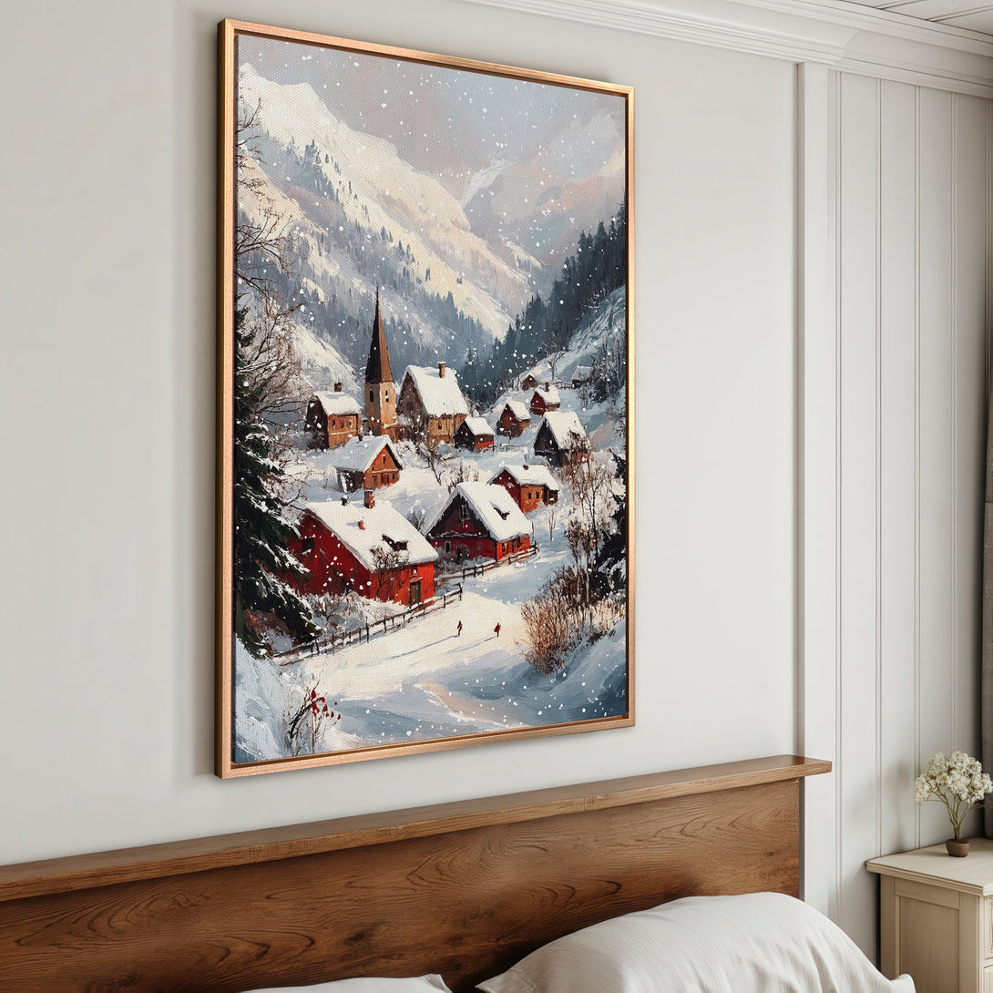 Framed Wall Art: Winter village scene canvas print in a warm, cozy style. Featuring a snowy landscape with red roofs and a muted, cool color palette.