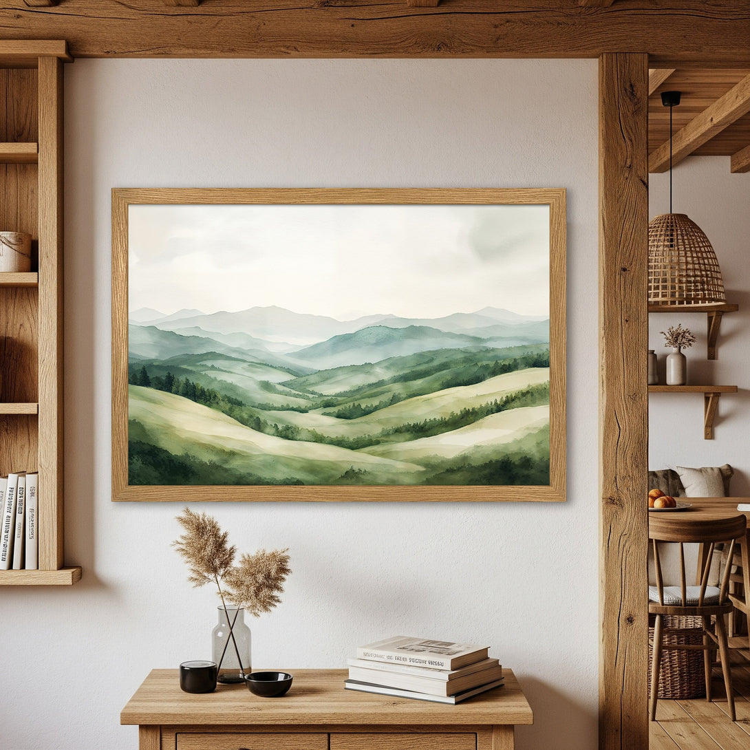 Framed Poster of watercolor landscape art. Features green hills, mountains, & a serene, calming color palette. Perfect wall decor!