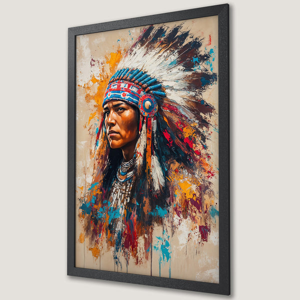 Framed Poster of Native American in colorful, abstract style. Earth tones with pops of blue, red, and yellow. Perfect wall art!
