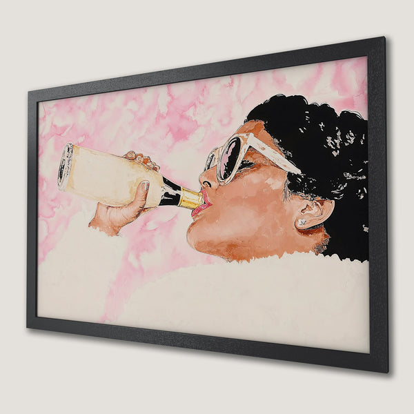 Framed Poster: Woman drinking champagne, watercolor style, pink & neutral palette. Add a touch of luxury to your space!