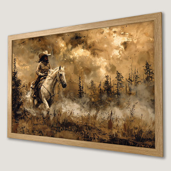 Framed Poster of a cowgirl riding a horse. Western art style with a warm, earthy color palette. Perfect wall art!