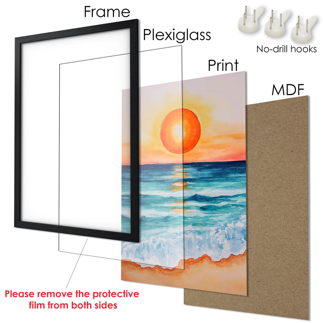 Framed Poster: Watercolor sunset art print in vibrant orange and blue hues. Perfect beach decor!