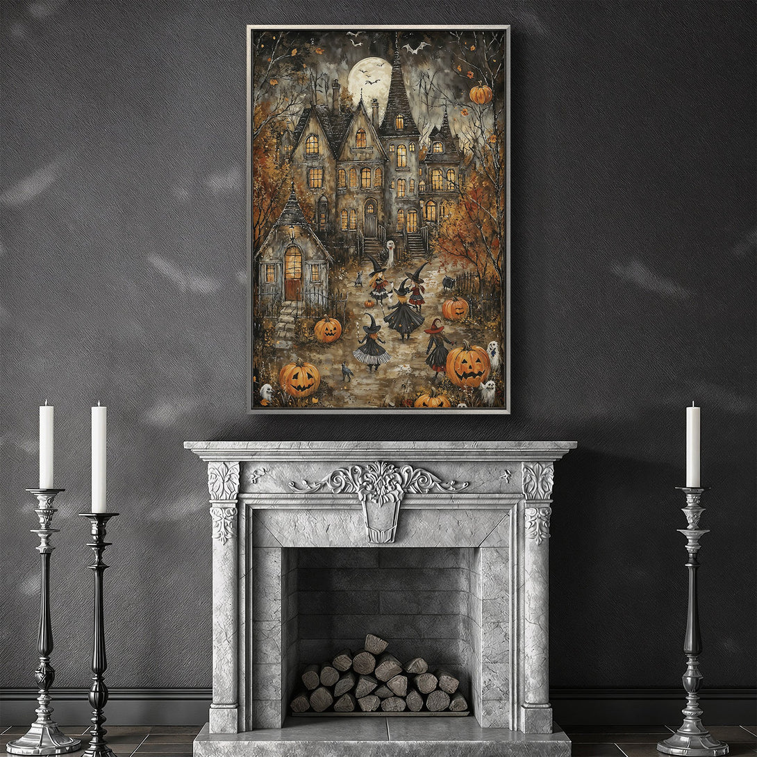 Framed Wall Art: Spooky Halloween scene with a haunted house, witches, and pumpkins in warm autumn colors. Perfect for adding a touch of eerie charm to your home.