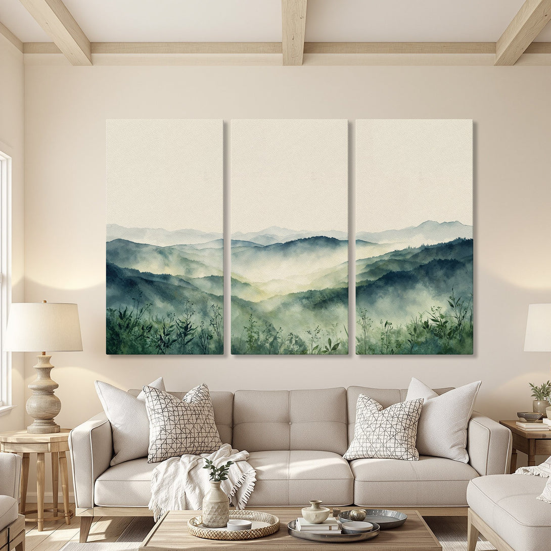 Canvas Print of a serene watercolor landscape in shades of green and blue, perfect wall art for a calming living room.